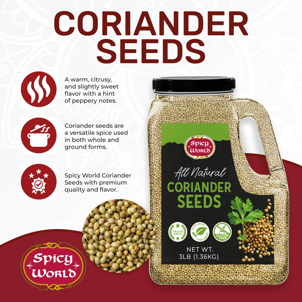 Spicy World coriander seeds closeup emphasizes aromatic citrus notes ideal for blends