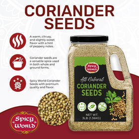 Spicy World coriander seeds closeup emphasizes aromatic citrus notes ideal for blends
