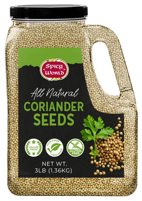 Spicy World coriander seeds jar front demonstrates pure whole spice for vibrant curries