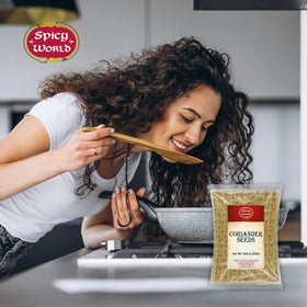 Spicy World coriander seeds in pantry display for easy cooking prep.