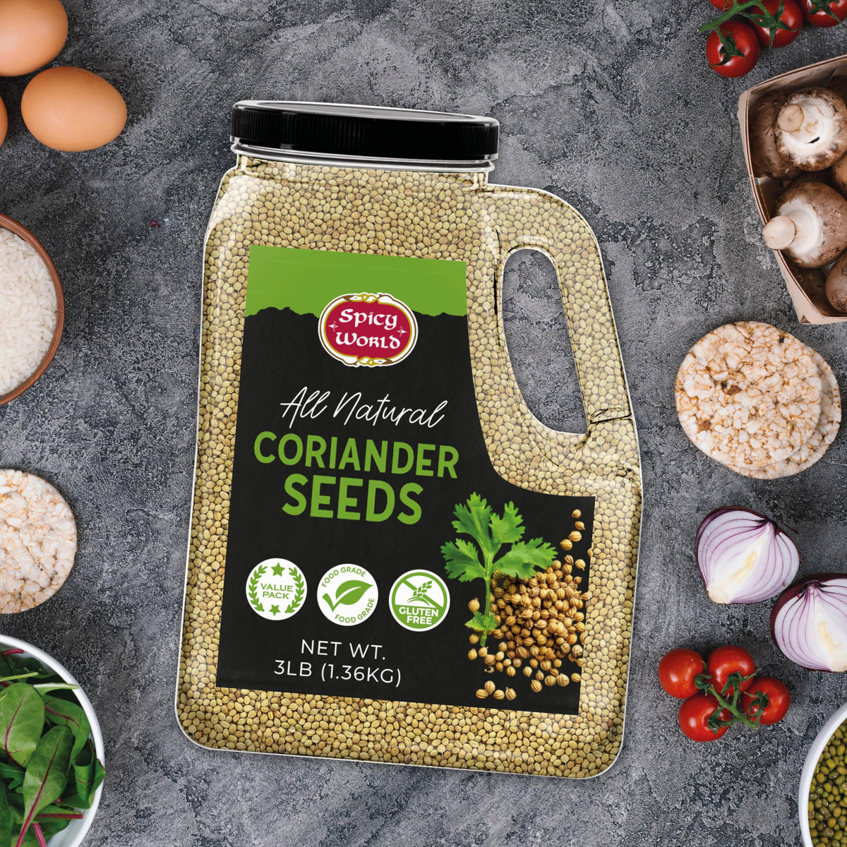 Spicy World coriander seeds jar with label illustrates freshness and airtight packaging