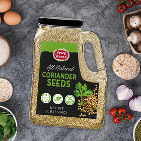 Spicy World coriander seeds jar with label illustrates freshness and airtight packaging