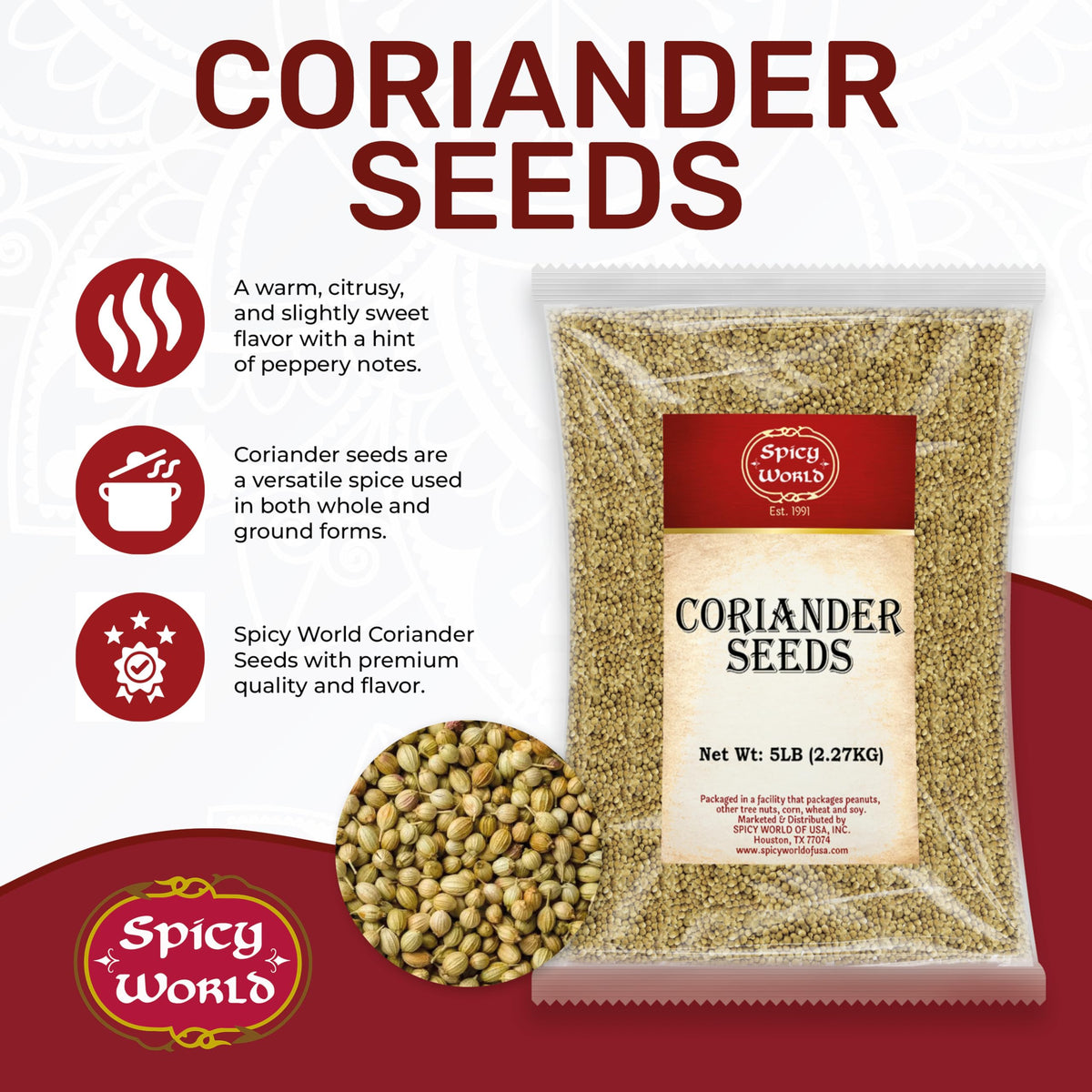 Spicy World coriander seeds whole, glossy and aromatic.