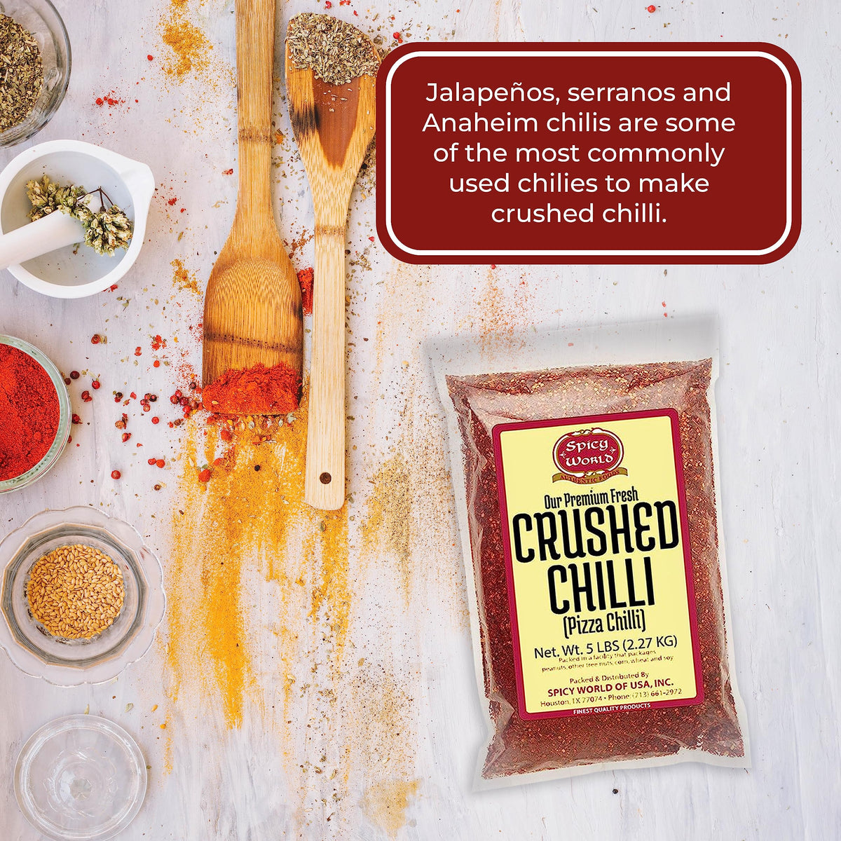 Spicy World crushed red pepper texture close-up ready to sprinkle on dishes.