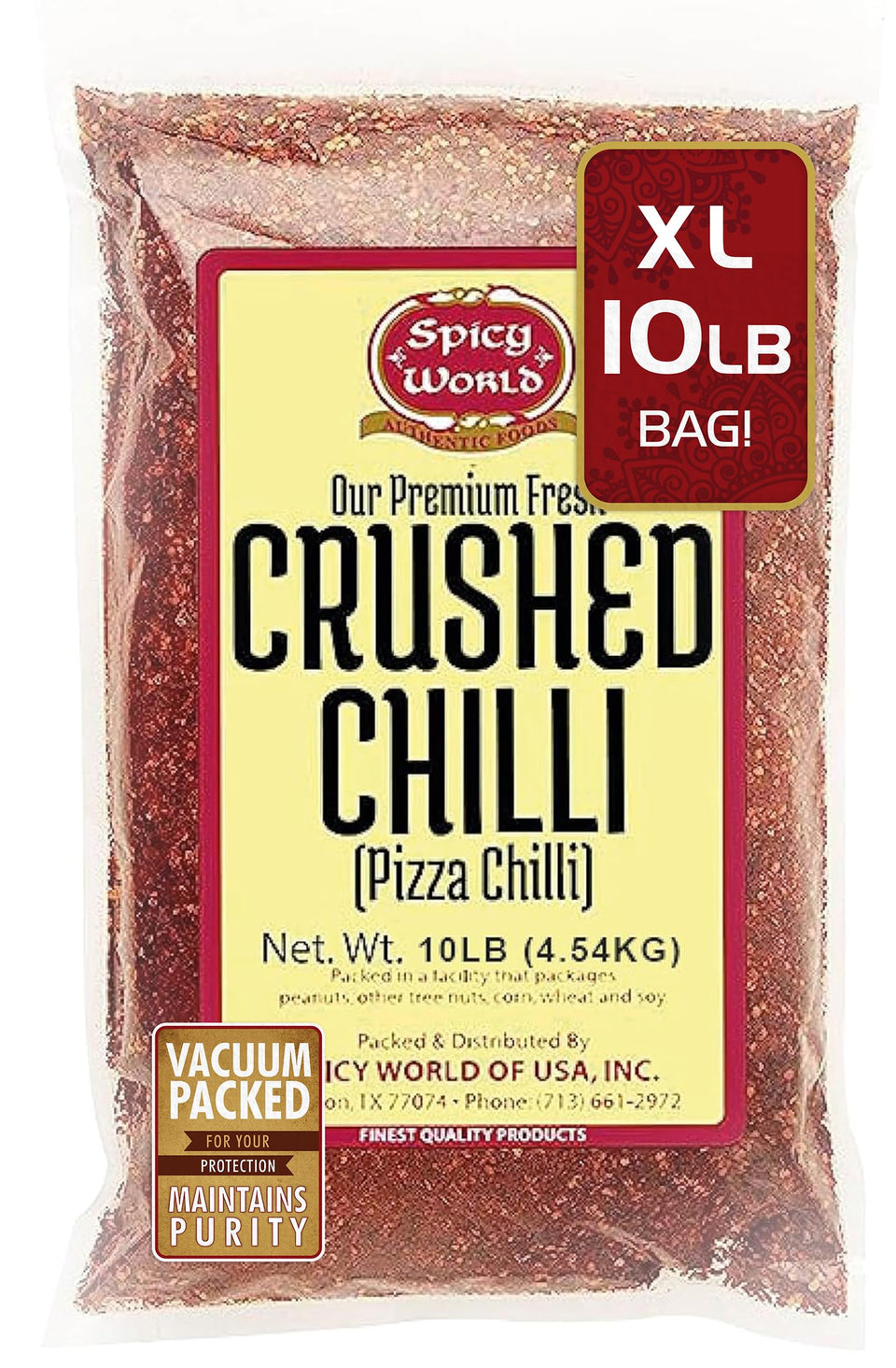 Spicy World crushed red pepper flakes in a bag for bulk flavoring, ready to use
