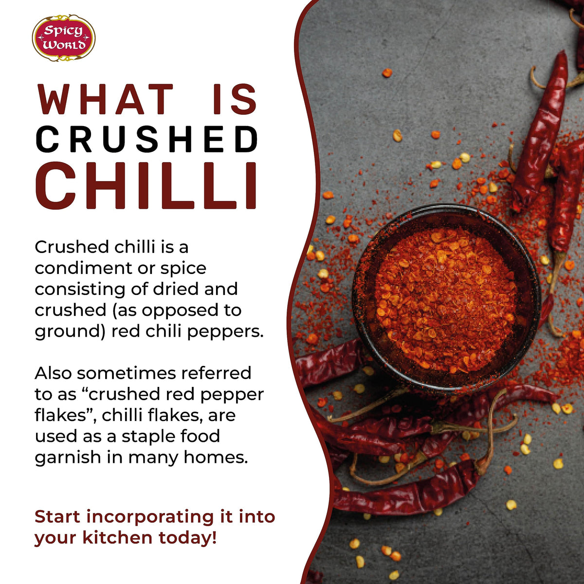 Spicy World crushed red pepper close-up highlights vibrant color and aroma