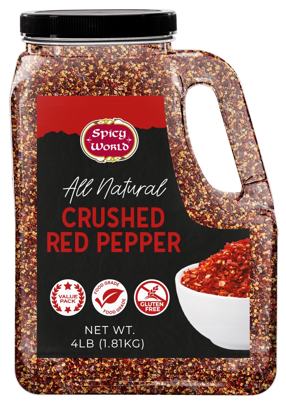 Spicy World crushed red pepper flakes bulk jar ready for bold flavor in pasta and pizza.
