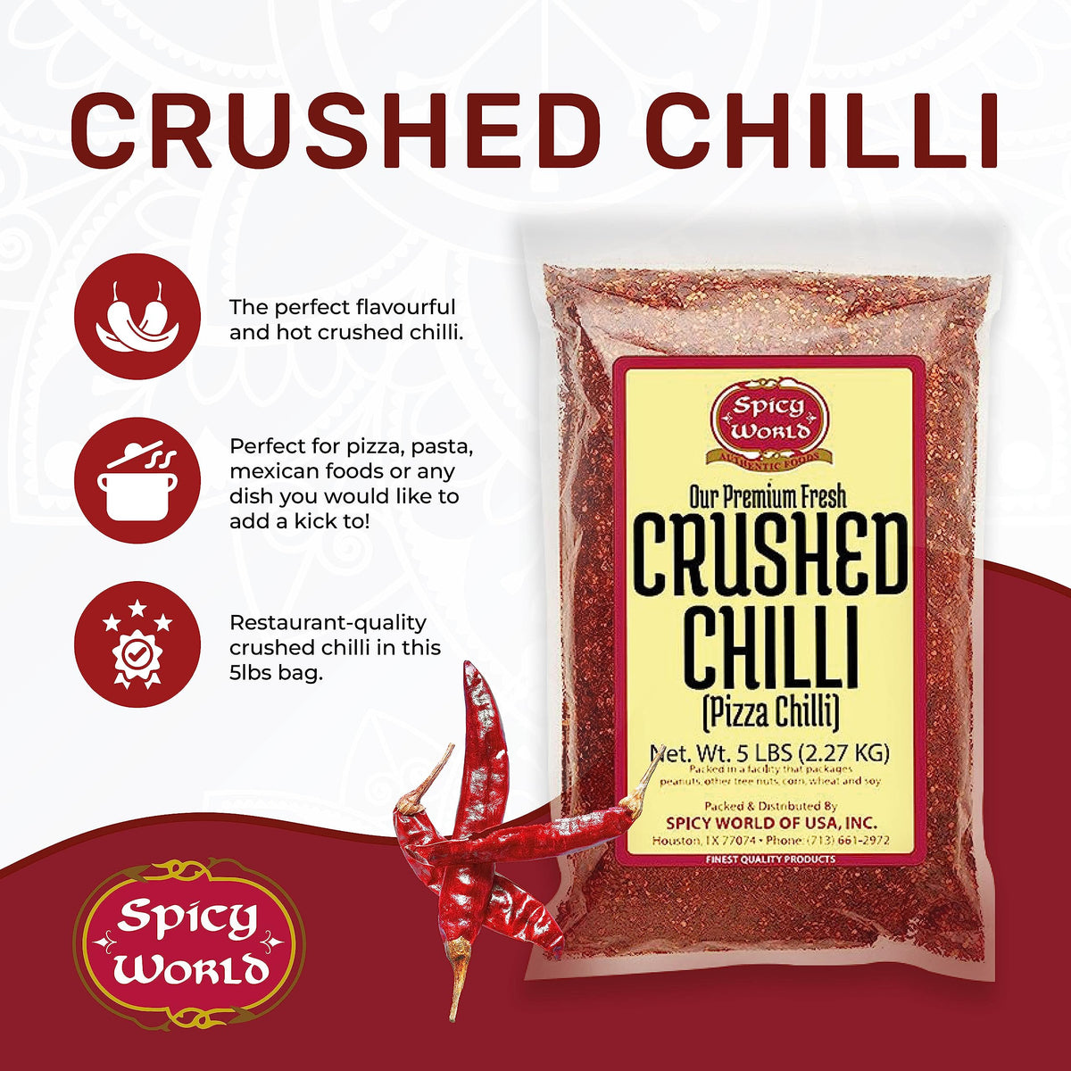 Spicy World crushed red pepper flakes on a fresh pizza adding heat and color.