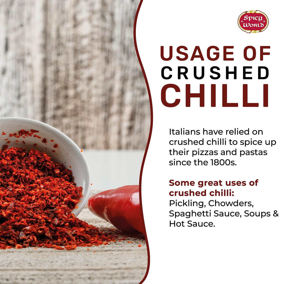 Spicy World crushed red pepper flakes warming a bowl of soup.