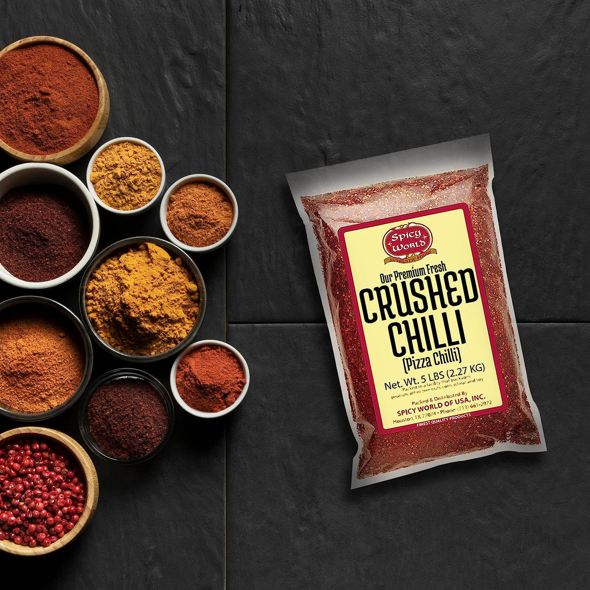 Spicy World crushed red pepper in vacuum sealed bag highlighting freshness and value.
