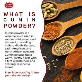 Glass jar of Spicy World cumin powder beside curries for bold flavor