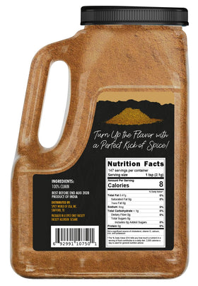 Close-up of Spicy World cumin powder label highlighting pure quality