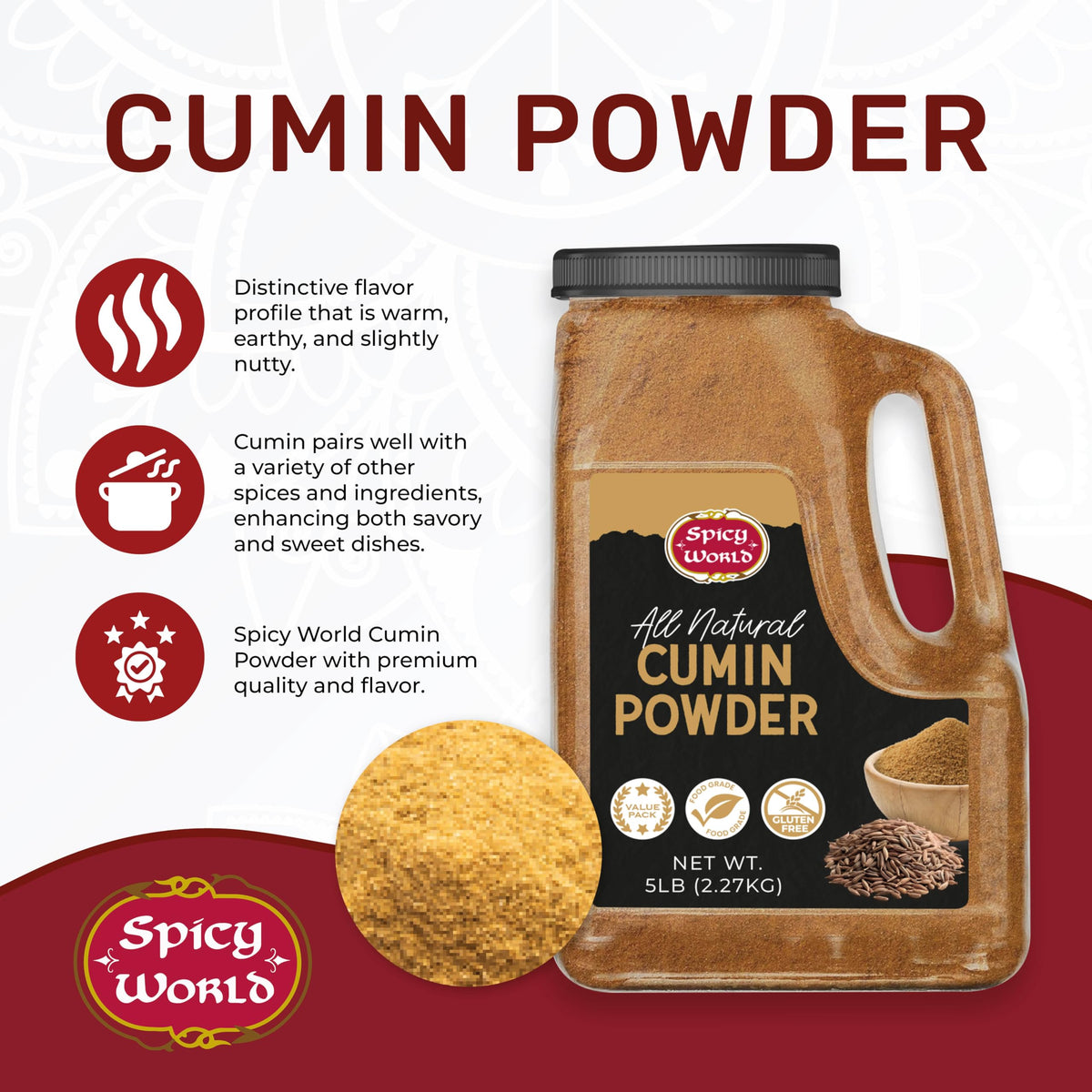 Spicy World cumin powder being poured for easy seasoning