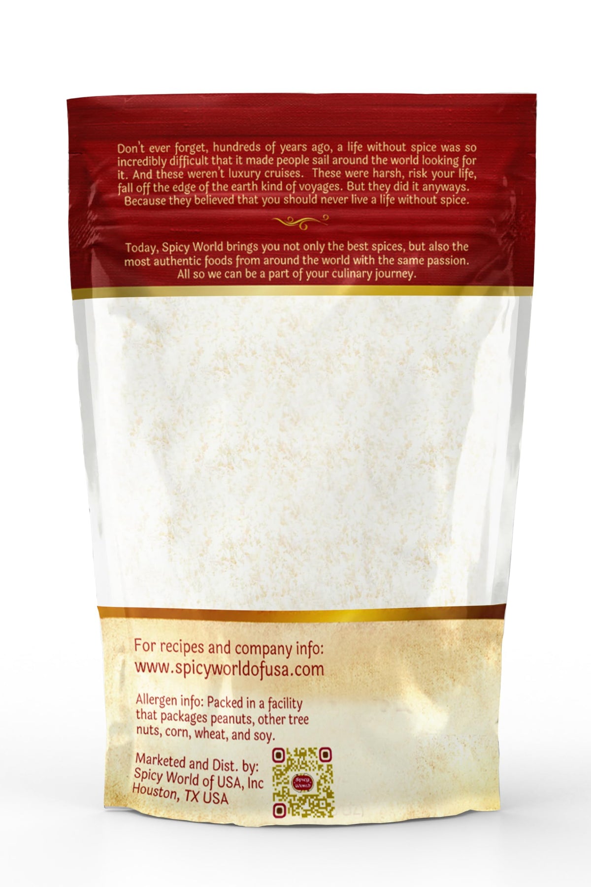 Spicy World desiccated coconut powder packaging close-up showing quality