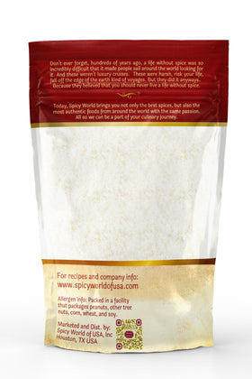 Spicy World desiccated coconut powder packaging close-up showing quality