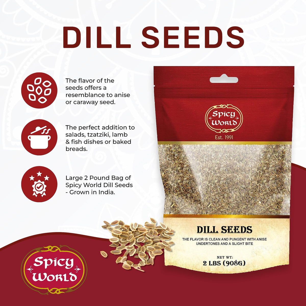 Open bag of Spicy World dill seeds ready for recipe prep