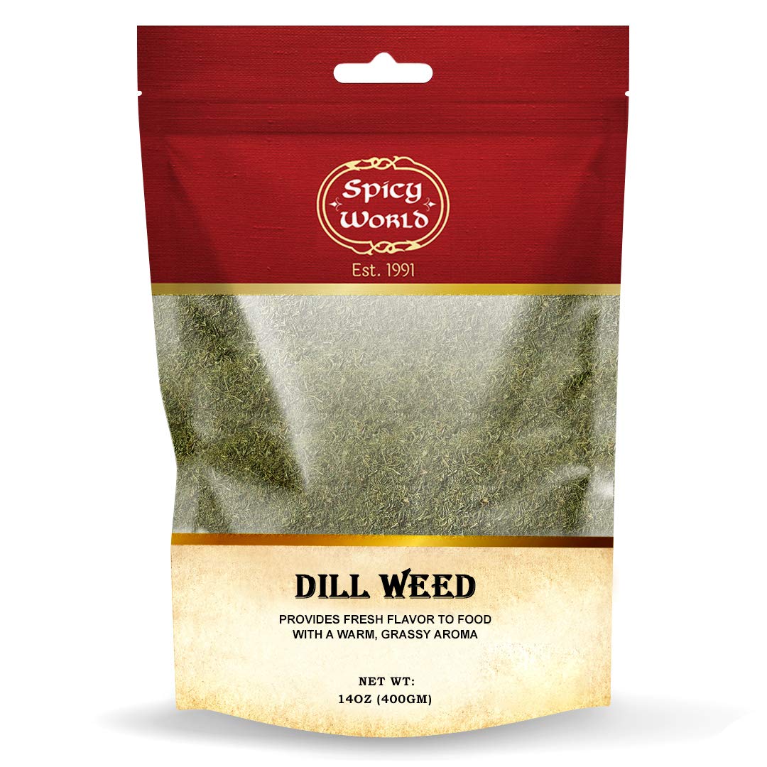 Spicy World Dill Weed 14oz bag adds bright dill flavor to salads.