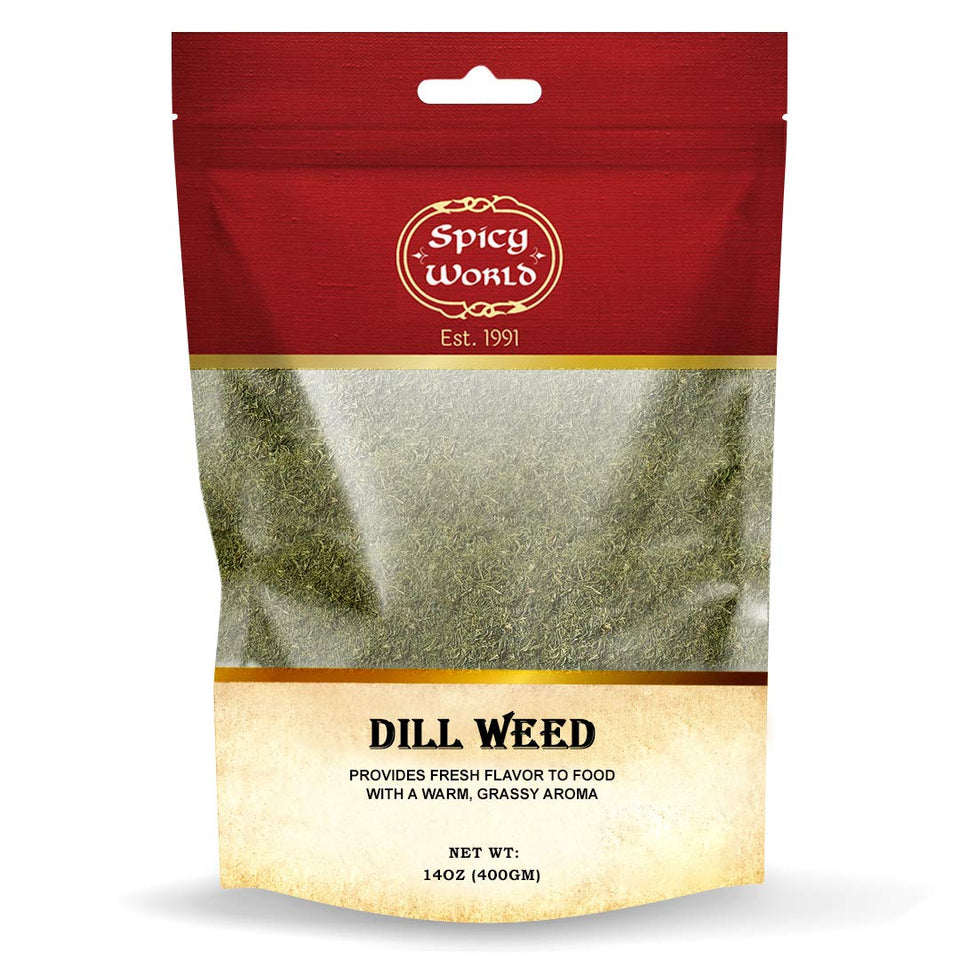 Spicy World Dill Weed 14oz bag adds bright dill flavor to salads.