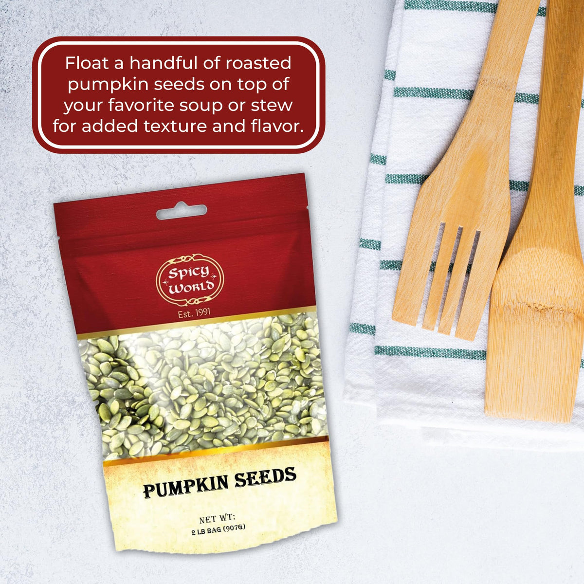 Spicy World dry pumpkin seeds kitchen use, perfect for baking, cooking, and toppings