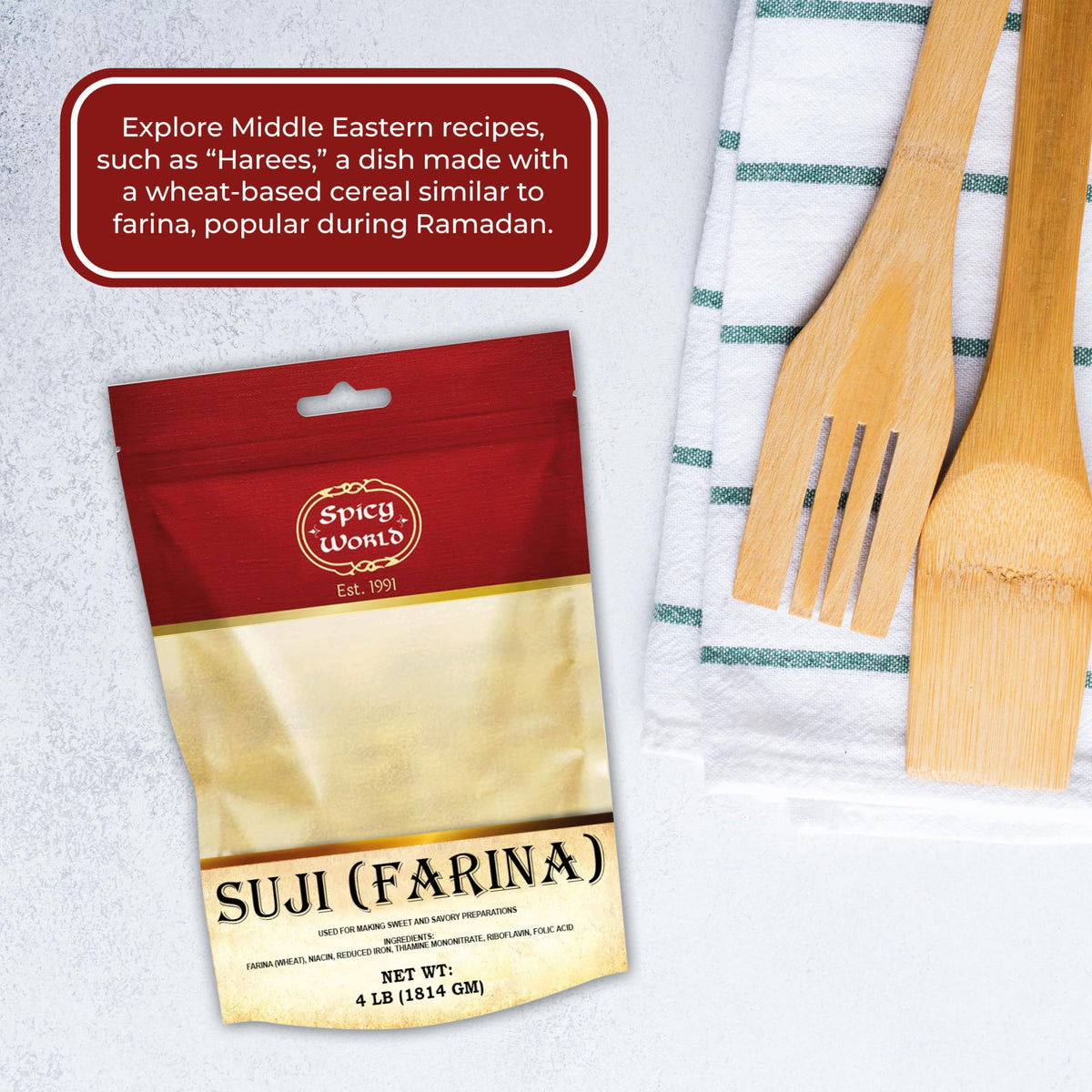 Spicy World Farina resealable bag preserves freshness between uses