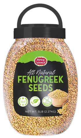 Spicy World fenugreek seeds 5lb bulk jar, ideal for bulk cooking and pantry storage.