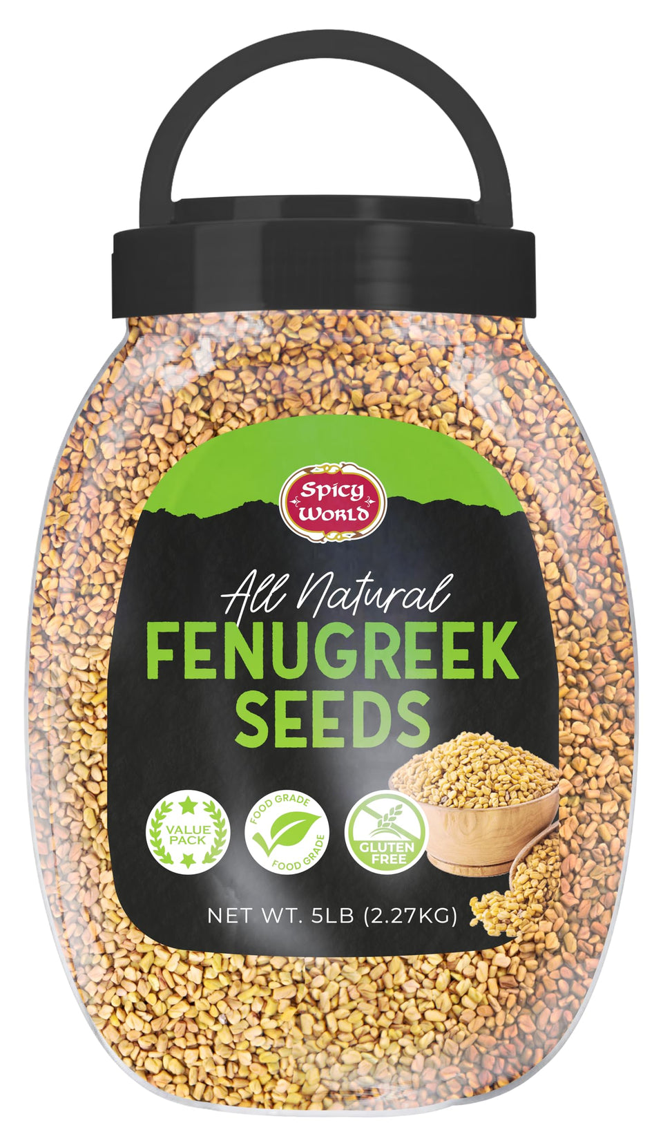 Spicy World fenugreek seeds 5lb bulk jar, ideal for bulk cooking and pantry storage.