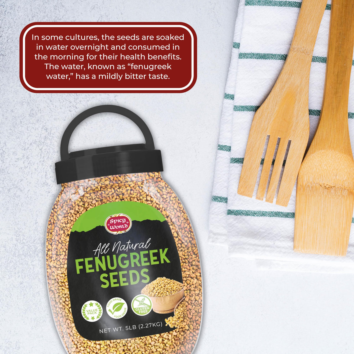 Spicy World fenugreek seeds rich aroma in pantry storage.