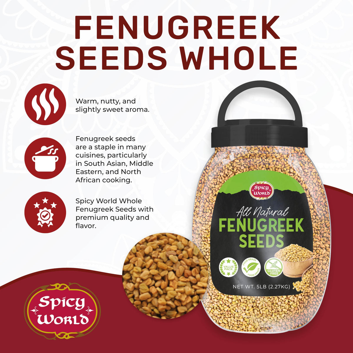 Spicy World fenugreek seeds in curry spice mix context demonstrating versatile seasoning.