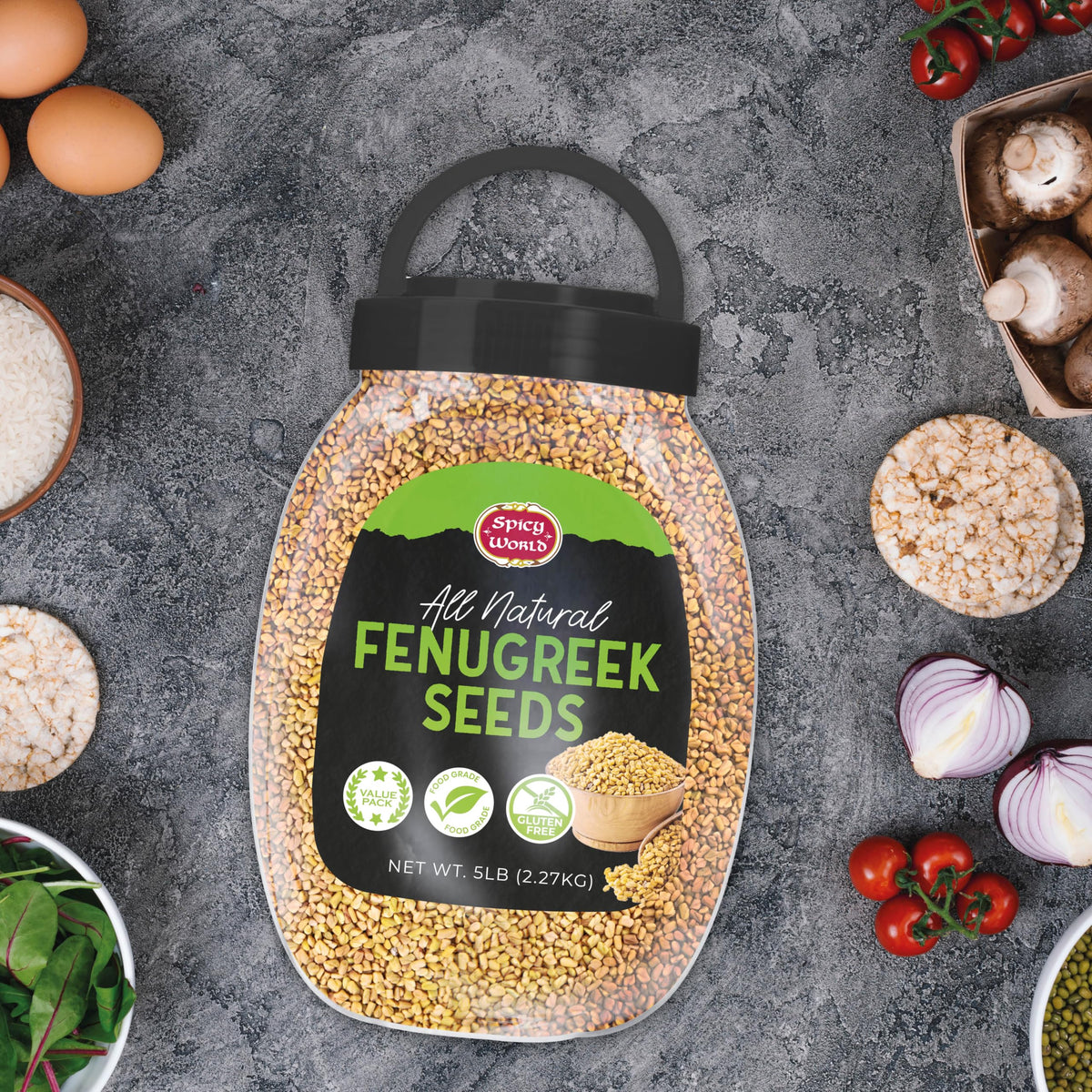Spicy World fenugreek seeds kitchen jar on counter for easy access.