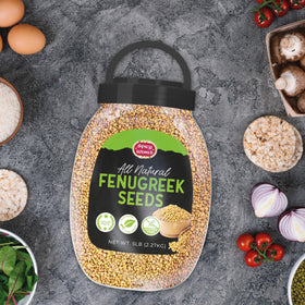 Spicy World fenugreek seeds kitchen jar on counter for easy access.