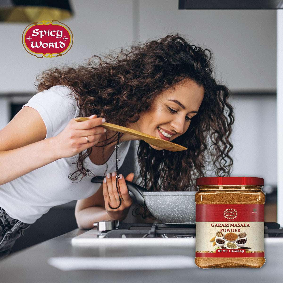 Spicy World Garam Masala bulk-pack — 1 lb jar designed for family cooking.