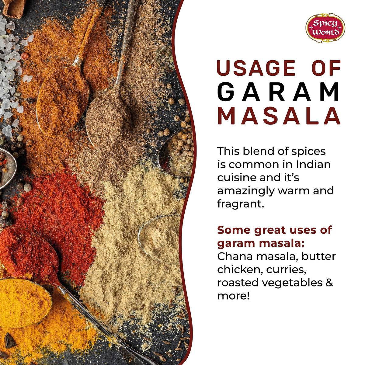 Spicy World Garam Masala ingredients — premium spices including mace and nutmeg.