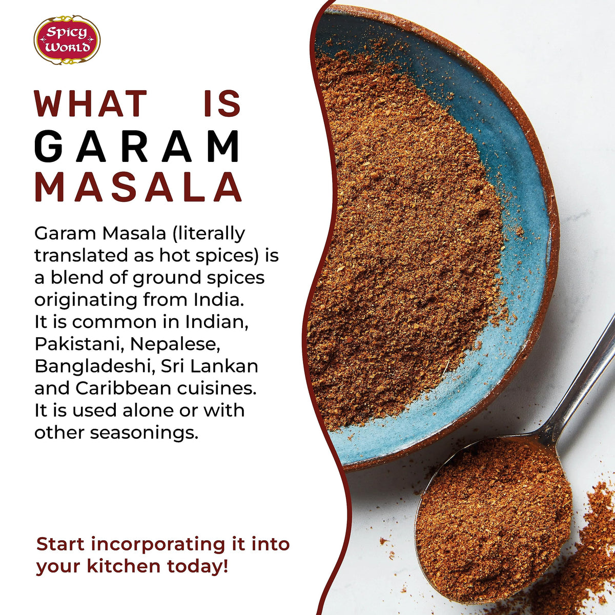 Spicy World Garam Masala label closeup — shows 15-spice blend and salt-free promise.