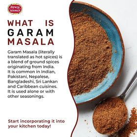 Spicy World Garam Masala label closeup — shows 15-spice blend and salt-free promise.
