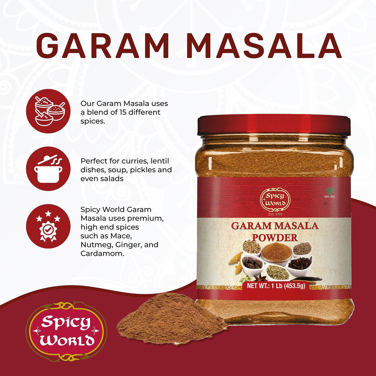 Spicy World Garam Masala pour-spout — easy, mess-free seasoning for quick dishes.
