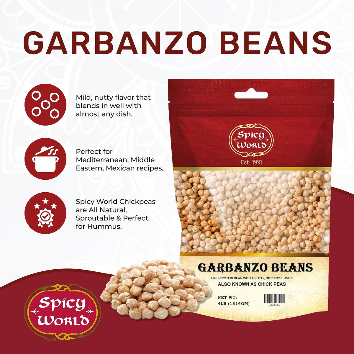 Close-up of Spicy World garbanzo beans dried 4lb pack quality legumes