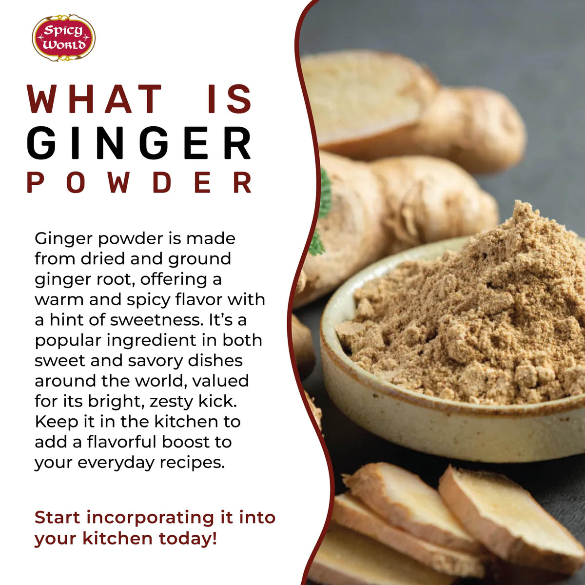 Spicy World Ginger Powder in small bowl; aromatic dust ready for cooking.