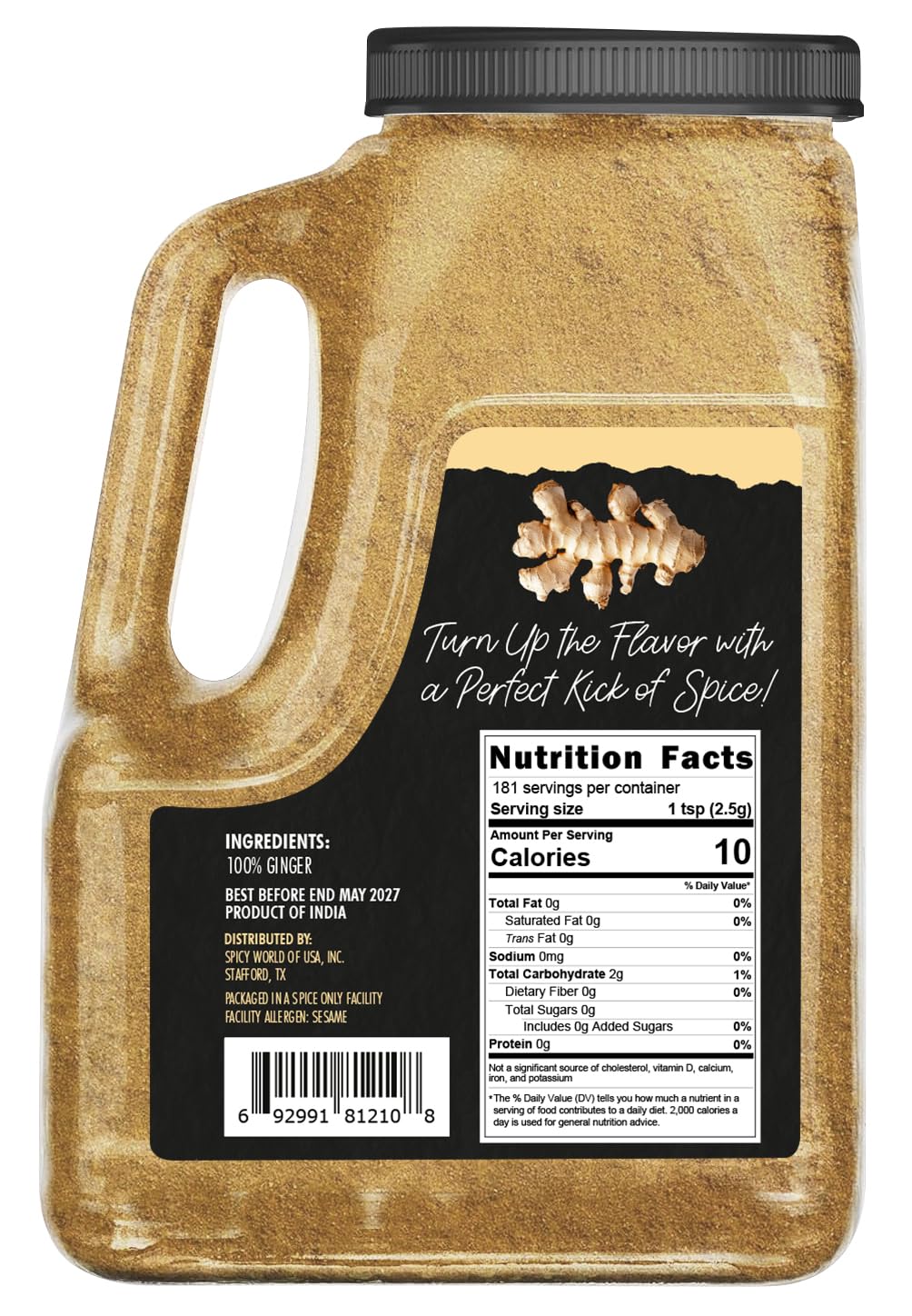 Spicy World Ginger Powder jar back label with gluten-free, pure ginger notes.