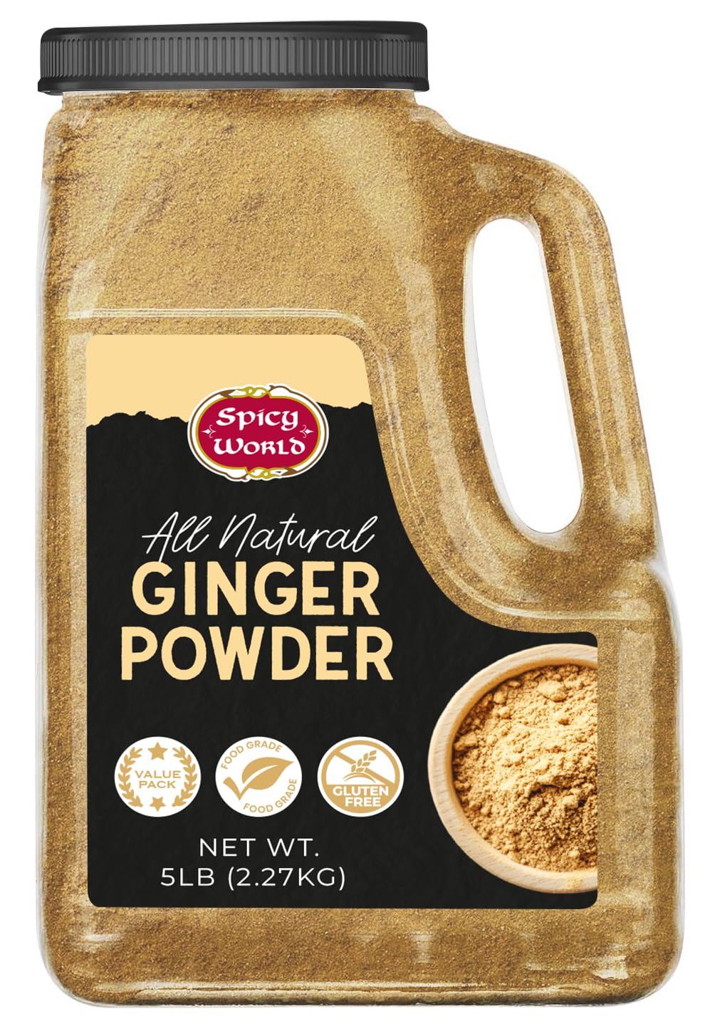 Spicy World Ginger Powder jar front view; bulk spice for kitchen staples.