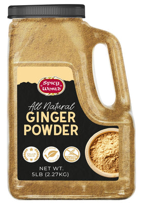 Spicy World Ginger Powder jar front view; bulk spice for kitchen staples.