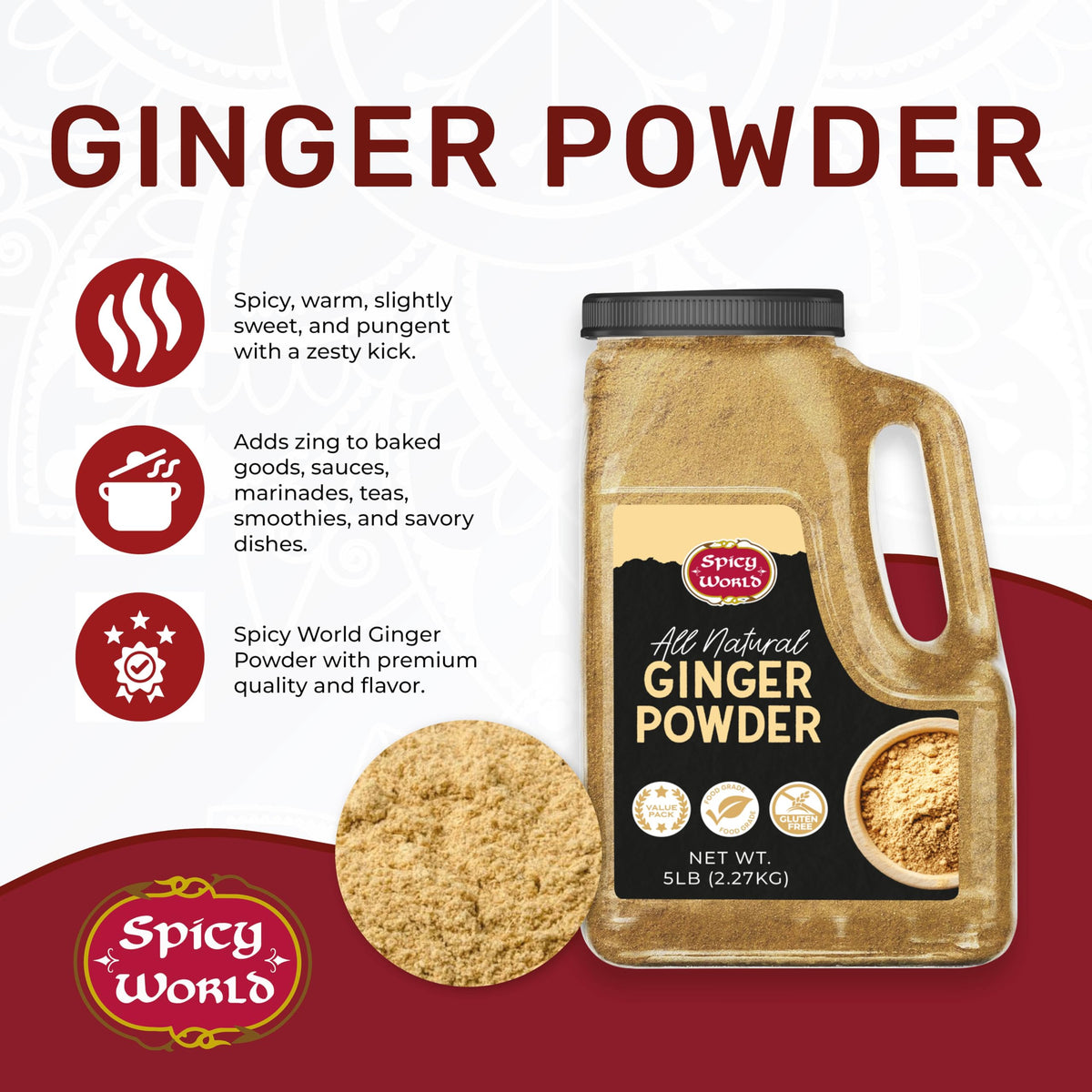 Spicy World Ginger Powder with measuring spoon showing portion control.