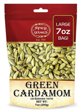 Spicy World green cardamom pods in a 7 oz bag with premium aroma.