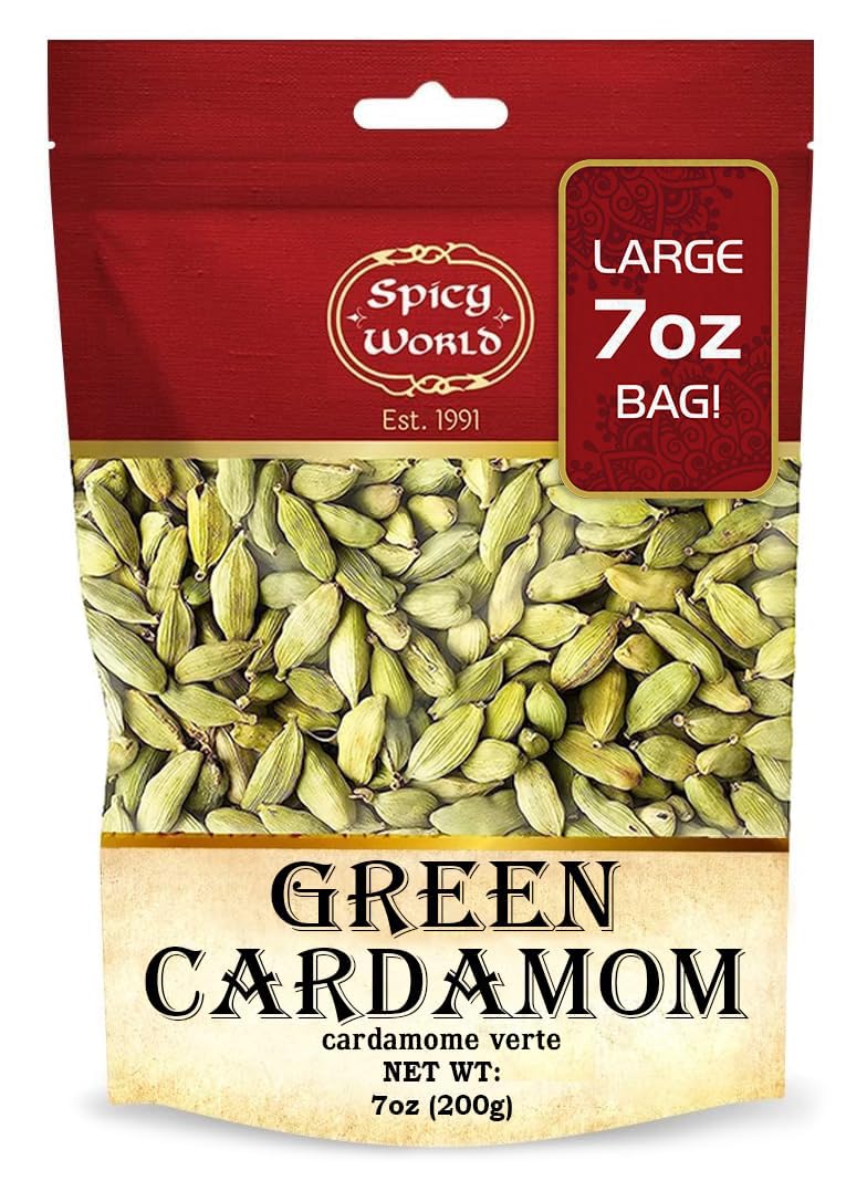 Spicy World green cardamom pods in a 7 oz bag with premium aroma.