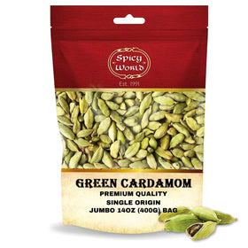 Spicy World green cardamom pods in a 14oz bag for fresh flavor.