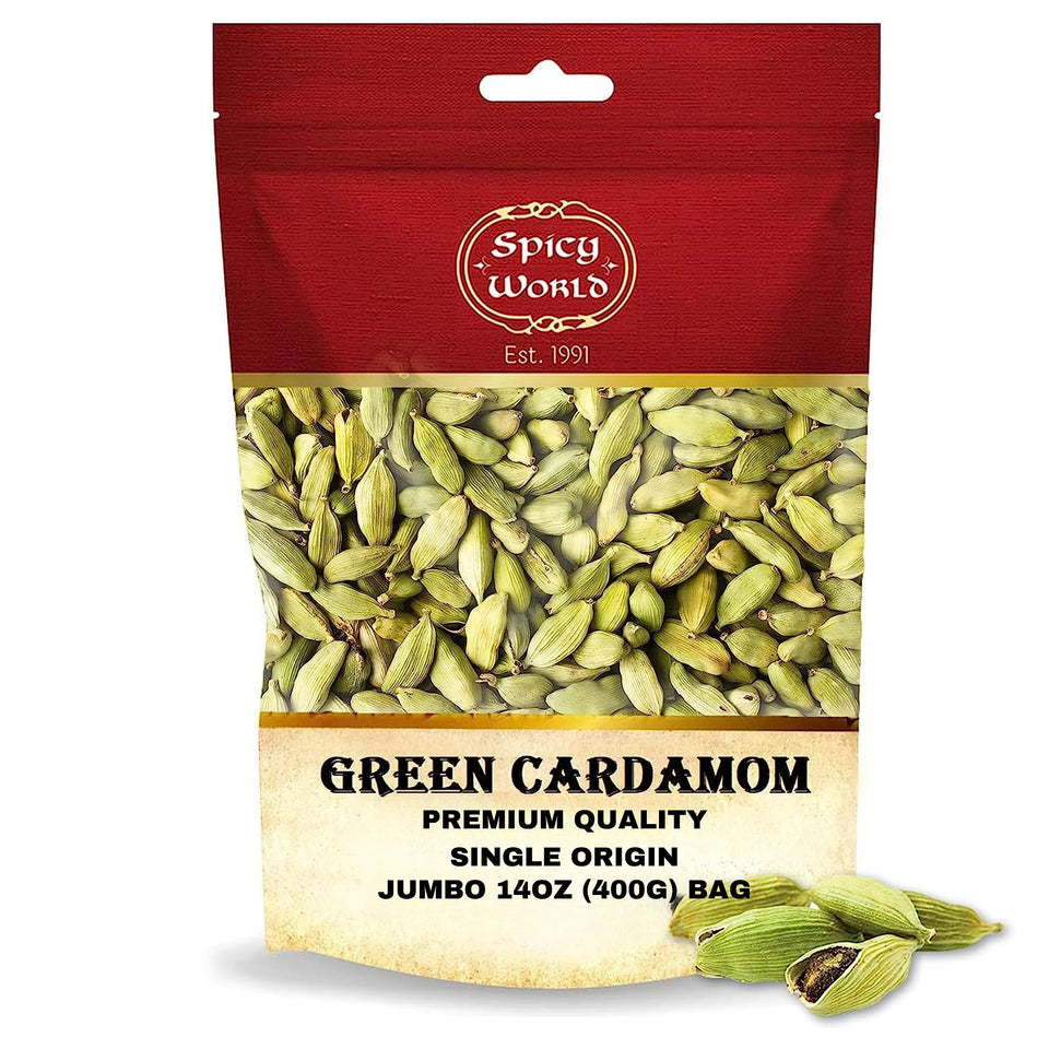 Spicy World green cardamom pods in a 14oz bag for fresh flavor.