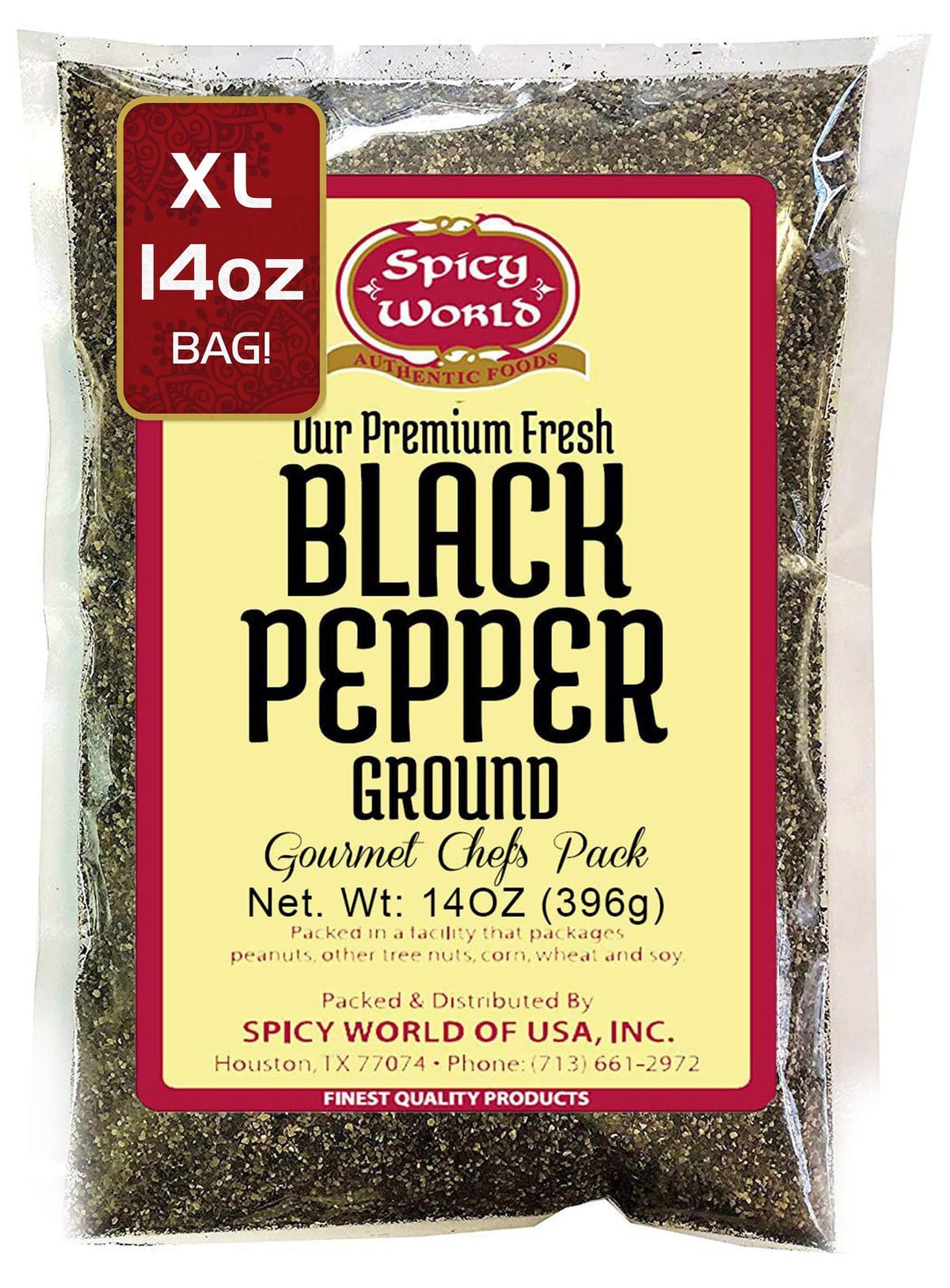 Spicy World Ground Black Pepper bottle pour close-up for fresh aroma