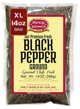 Spicy World Ground Black Pepper bottle pour close-up for fresh aroma