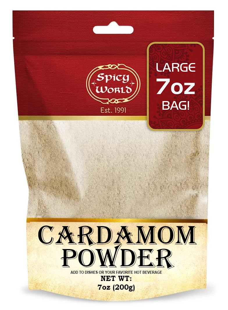 Spicy World Ground Cardamom Powder bag highlighting aroma for chai and desserts.