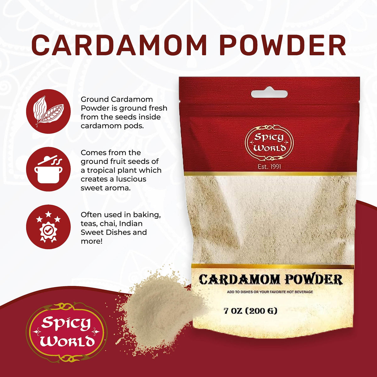 Spicy World Cardamom Powder in a jar preserves fresh flavor for cooking.