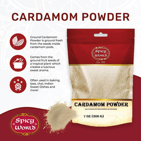 Spicy World Cardamom Powder in a jar preserves fresh flavor for cooking.
